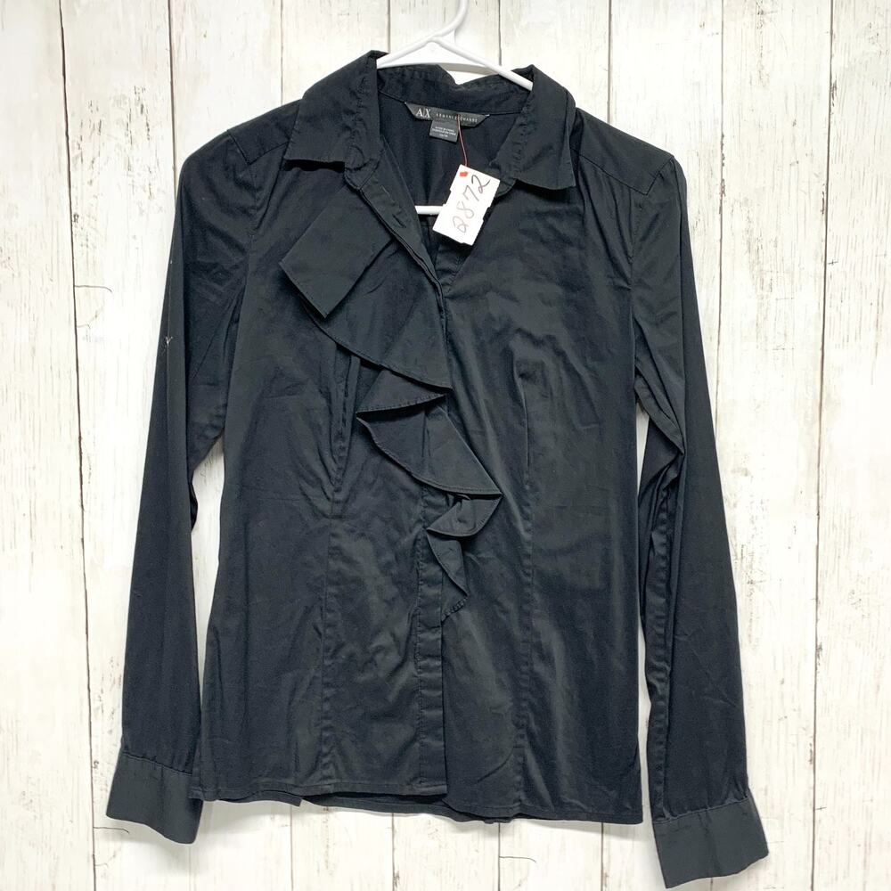 Armani Exchange Blouse Women Size XS Black Ruffle Front Button Down Long Sleeve‎